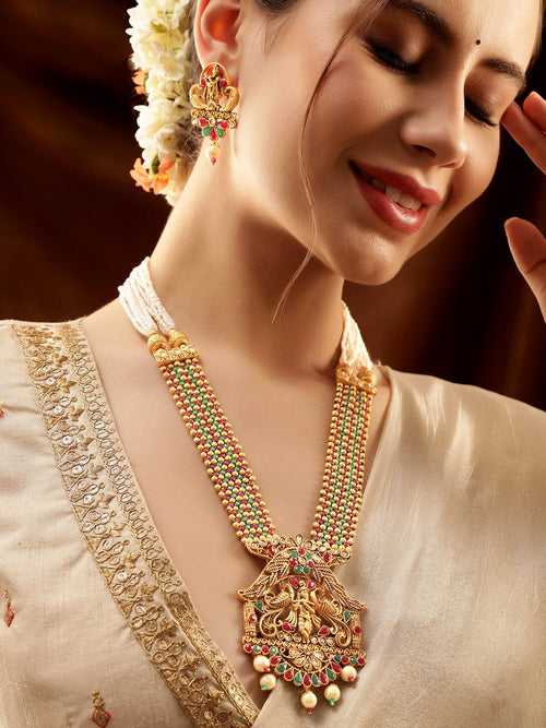 Rubans Gold-Toned Temple Jewellery Pendant Necklace Set with Multi-Colored Beads and Pearl Drops