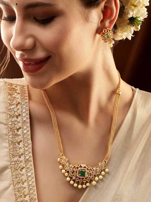 Rubans Opulent Gold-Plated AD & Green Stone Necklace Set