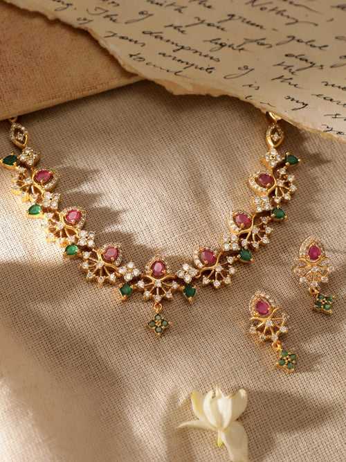 Rubans Opulent Gold-Plated AD & Green Stone Necklace Set