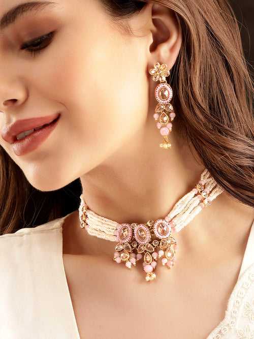 Rubans Reverse AD Choker Set with Whispers of White and Pink Beads
