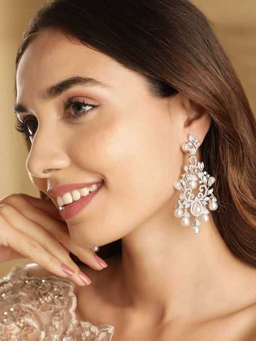 Rubans Rhodium Plated AD studded Chandelier Earring with Pearl Drops
