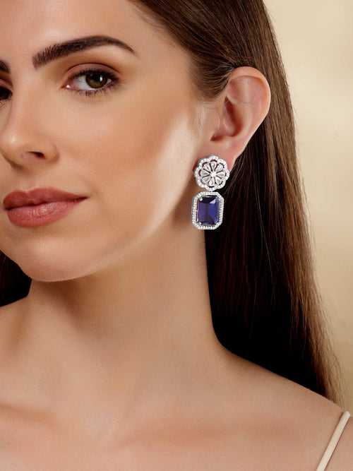 Rubans Rhodium Plated Blue Sapphire Zirconia Dangle Earrings