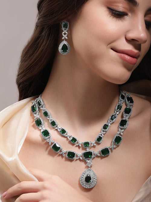 Rubans Rhodium plated Emerald green Double Layer Necklace Jewellery Set