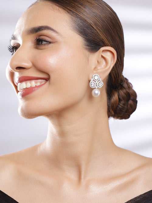 Rubans Silver Plated Cubic Zirconia & AD Studded White Beaded Floral Drop Earrings