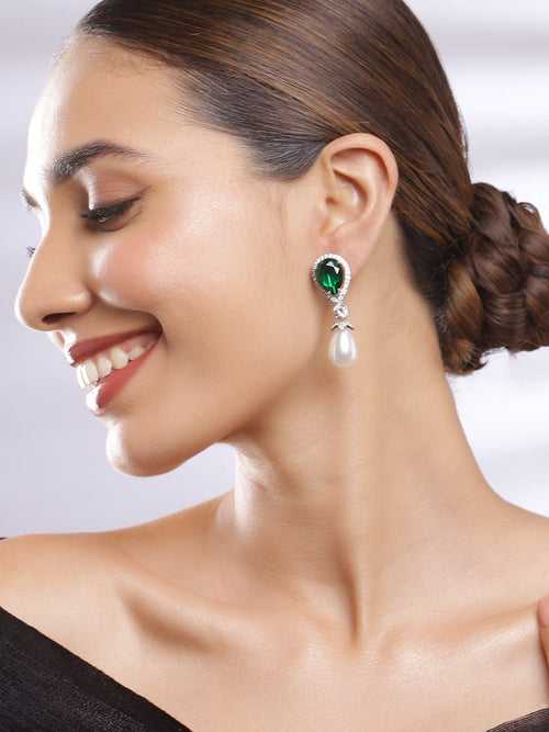 Rubans Silver Plated High Quality Cubic Zirconia & Emerald Studded White Beaded Drop Earrings