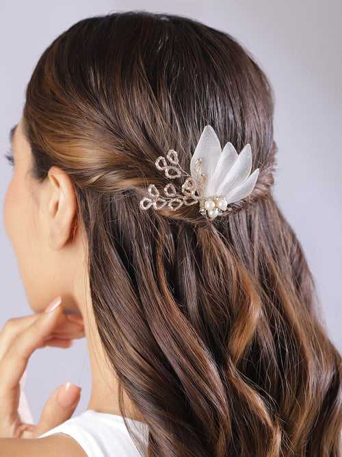 Rubans Women White Crystal Studded Butterfly Feather Shaped Beaded Floral Hair Clip