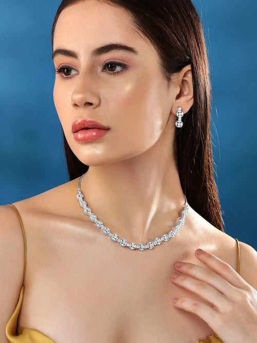 Rubans Rhodium Plated Zircons Studded Contemporary Party Wear Necklace Set.