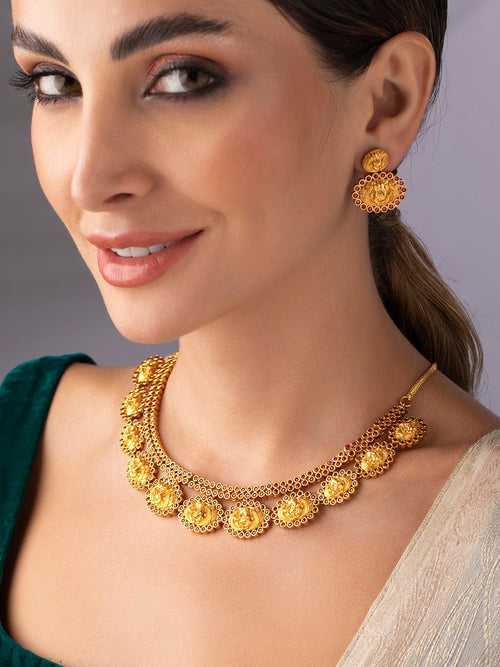 Rubans 24K Gold Plated Ruby studded Temple necklace set.