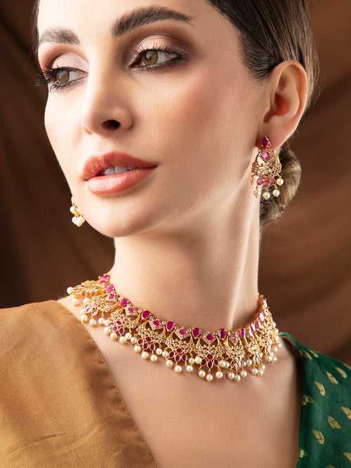 Rubans 24K Gold Plated Temple Necklace Set With Studded Pink Stones