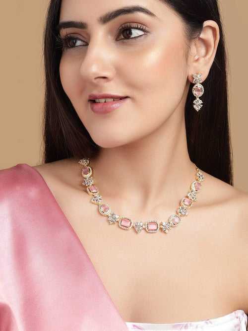 Rubans Gold Plated Contemporary Necklace Set With CZ And Pink Stones