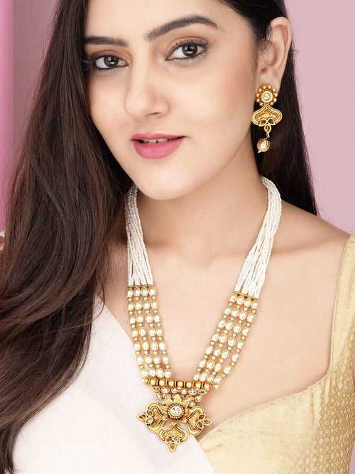 Rubans Gold Plated Handcrafted Kundan & white Beads Necklace Set