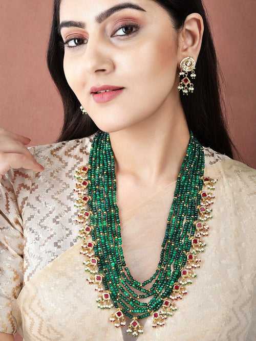 Rubans Kundan & Ruby Gold Plated Emerald Multi String Necklace Set