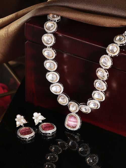 Rhodium-Plated Polki Kundan With Pink Stone Studded Jewelry Set
