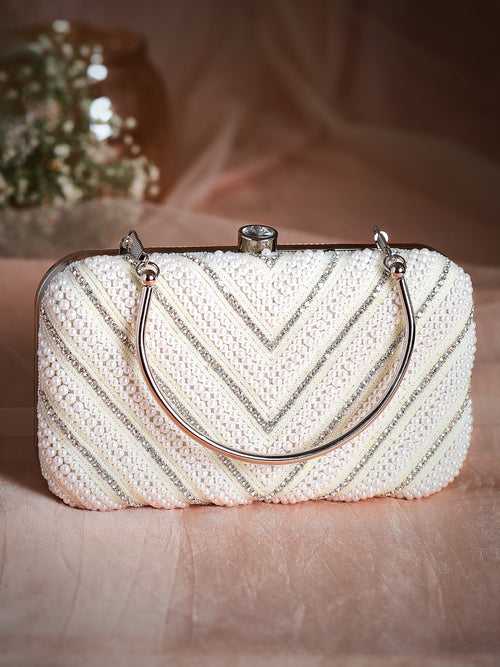 Rubans White And Cream Colour Box Clutch Sling Bag With Pearls And Embroided Design.