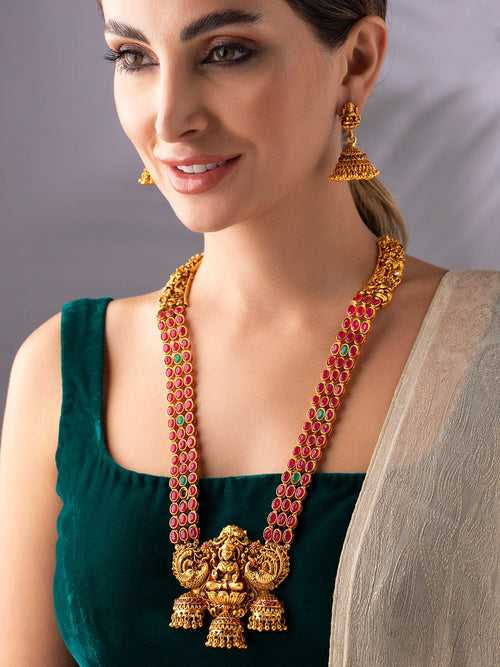 Rubans Women Gold-Plated & Green Faux Ruby Studded Handcrafted Jewellery Set