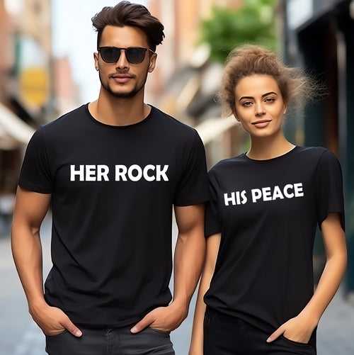 Rock and Peace Couple Graphic Printed T-Shirt