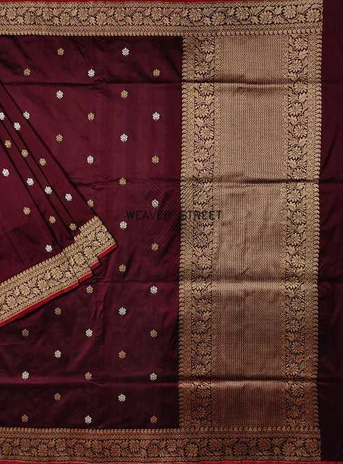 Burgundy Katan Silk Handwoven Banarasi saree with small flower kdhua buti