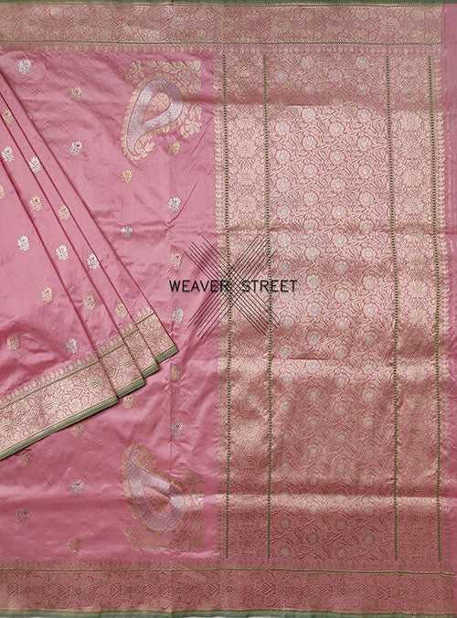 Flamingo Pink katan silk handwoven Banarasi saree with konia and kadwa buti