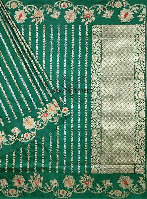 Jade Green Katan Silk Handwoven Banarasi saree with floral stripes
