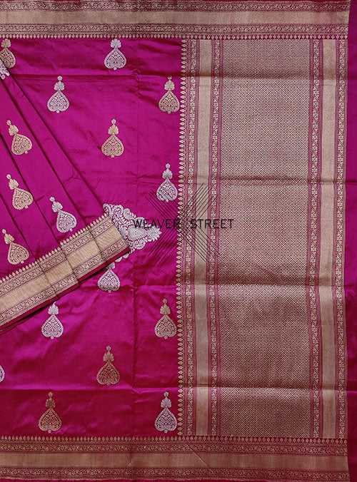 Red Pink shot color Katan Silk Handwoven Banarasi saree with stylized buta