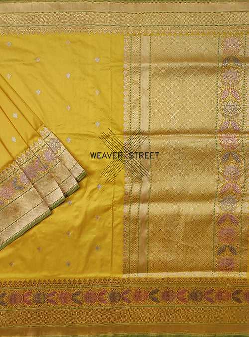 Yellow Katan Silk Handwoven Banarasi saree with mini flower buti
