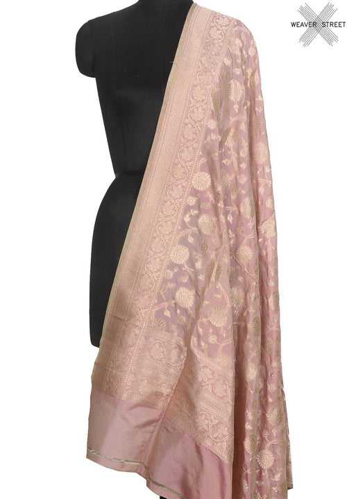 Baby pink katan silk Handwoven Banarasi dupatta with floral jaal