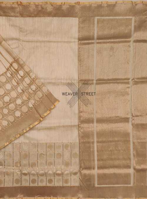 Beige dupion silk handwoven Banarasi saree with tissue skirt