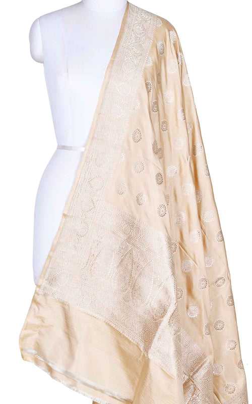 Beige katan silk Banarasi dupatta with stylized booti