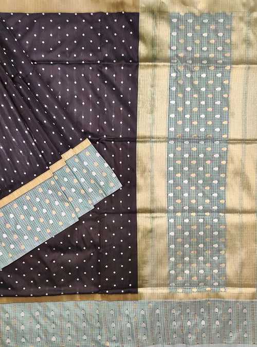 Black Katan silk handloom Banarasi saree with mini polka dots