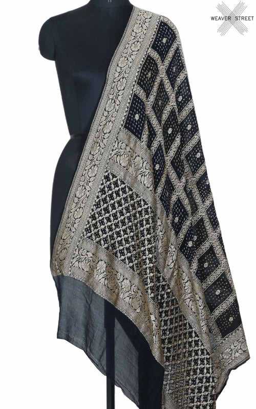 Black Khaddi georgette Bandhani dupatta with square jaal