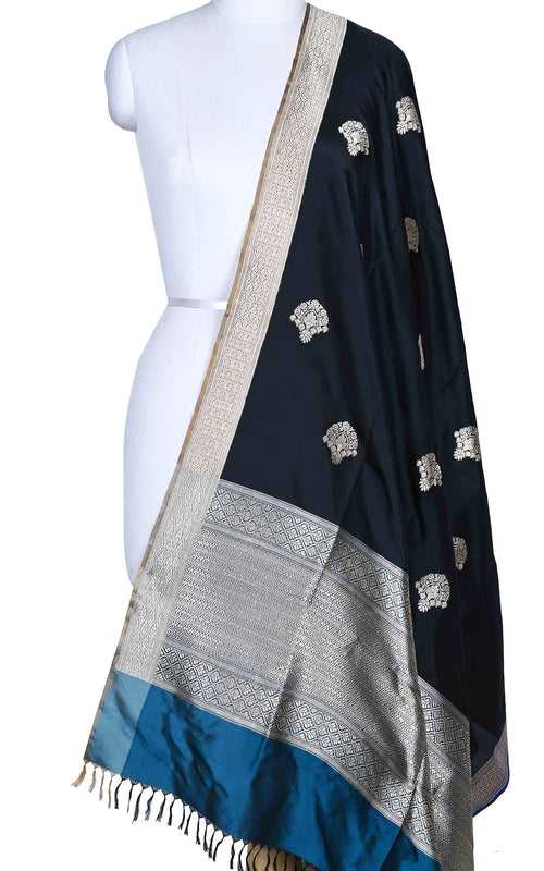 Black katan silk Banarasi dupatta with artistic fan shape boota