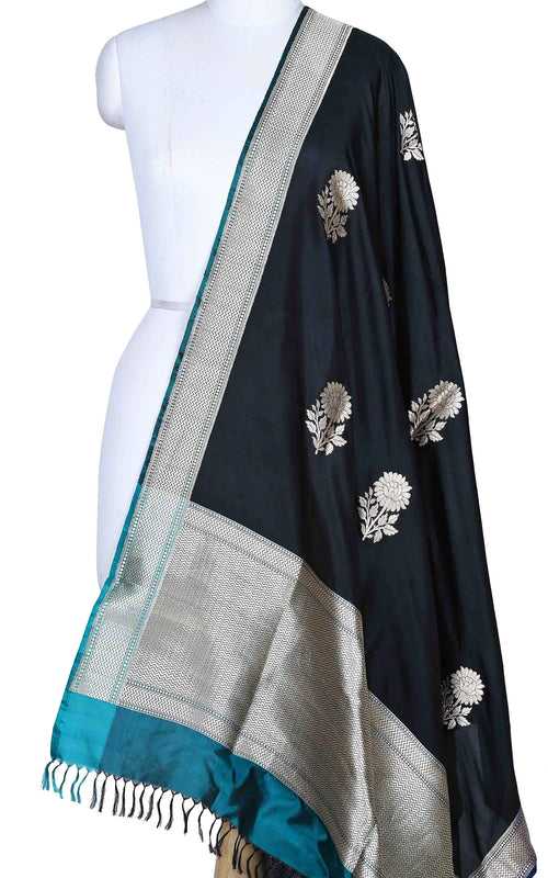 Black katan silk Banarasi dupatta with flower boota