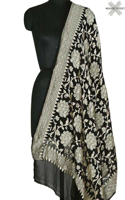 Black khaddi georgette Banarasi dupatta with bold floral jaal