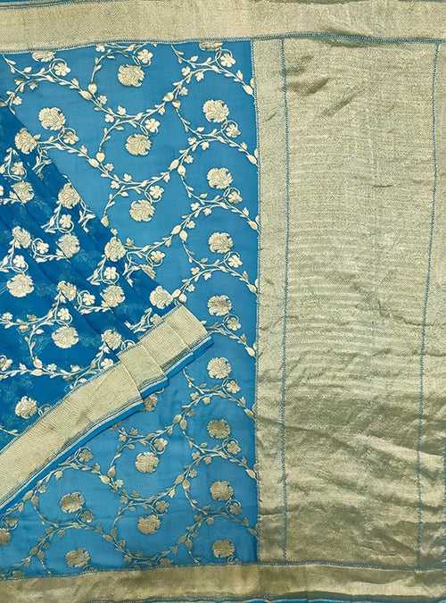 Blue khaddi georgette handloom Banarasi saree with flower jaal