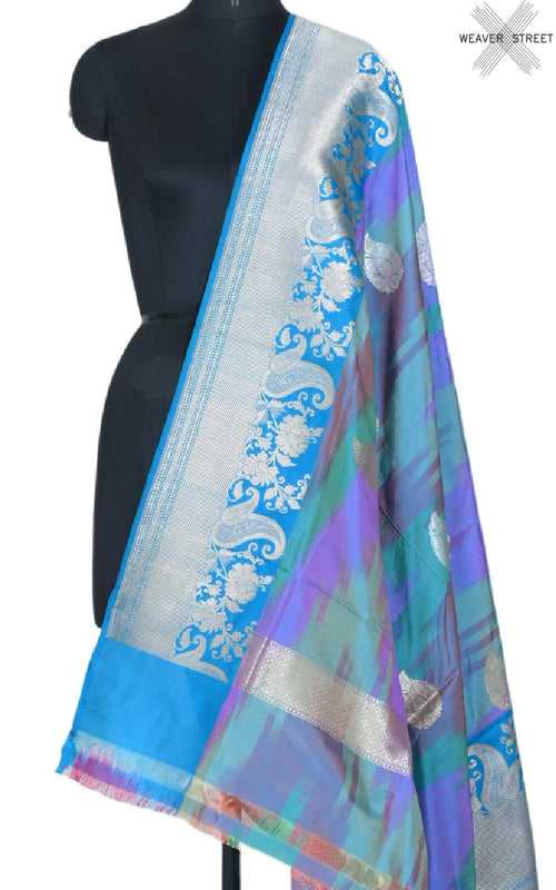 Blue rainbow Katan silk handwoven Banarasi dupatta with paisley buta