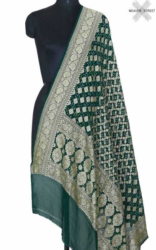 Bottle green Khaddi georgette Bandhani dupatta with grid jaal