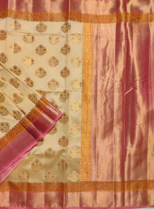 Cream muga chiniya silk Banarasi saree with handpainted meenedar flower booti