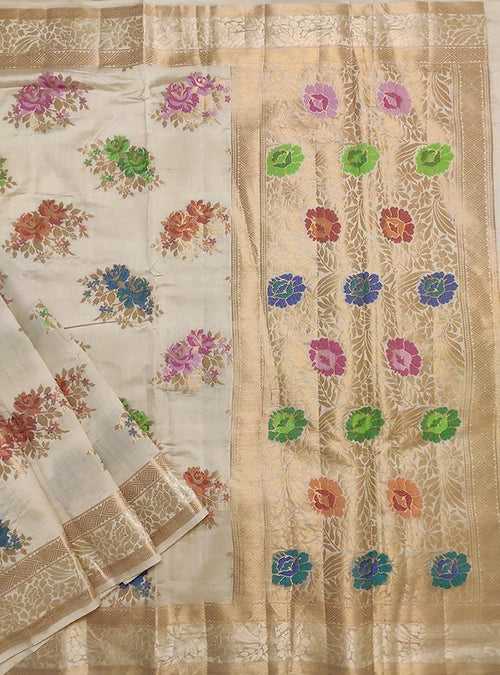 Cream muga silk handloom Banarasi saree with tilfi flower bunch boota