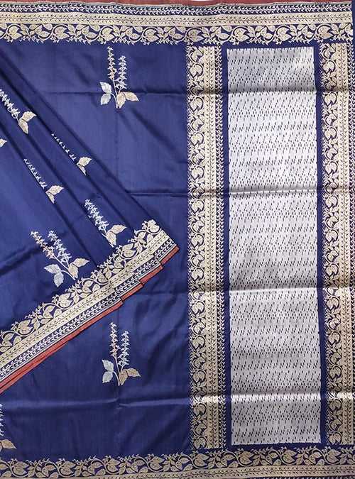 Dark blue katan silk Banarasi saree with alfi tulsi plant boota