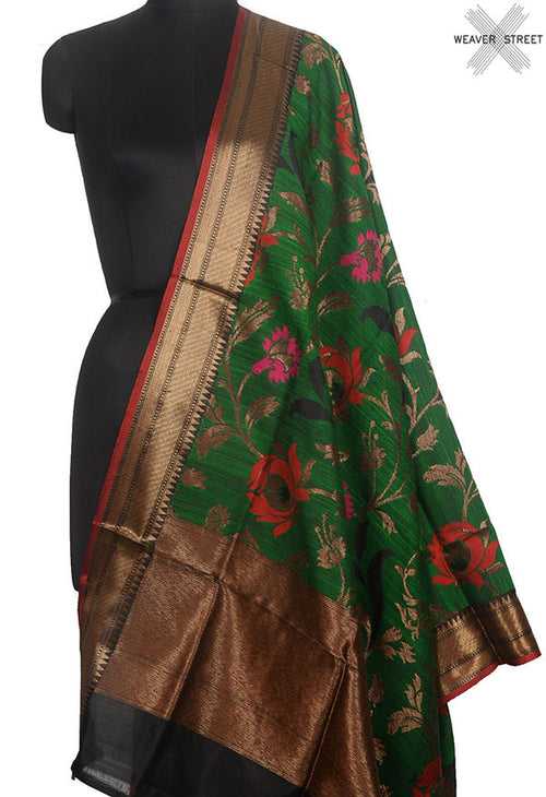 Green Dupion silk handloom Banarasi dupatta with meenedar floral jaal