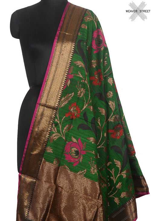 Green Dupion silk handloom Banarasi dupatta with meenedar flower jaal