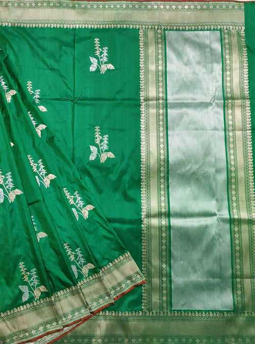 Green Katan silk handloom Banarasi saree with tulsi plant kadwa boota