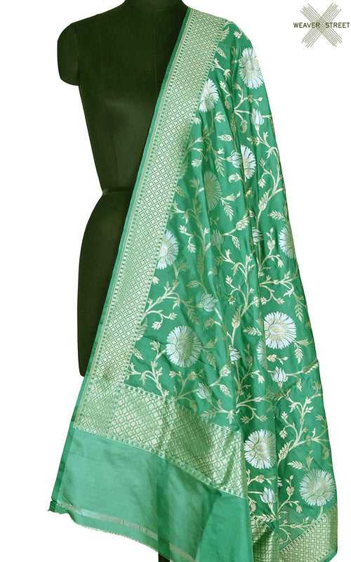 Green katan silk Banarasi dupatta with sona rupa floral jaal