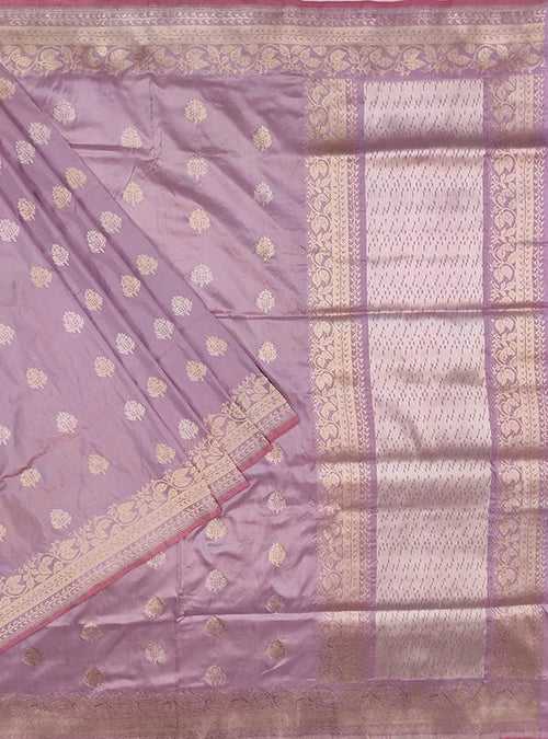 Light mauve katan silk Banarasi saree with sona rupa stylized booti