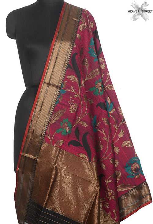 Magenta Dupion silk handloom Banarasi dupatta with meenedar flower jaal