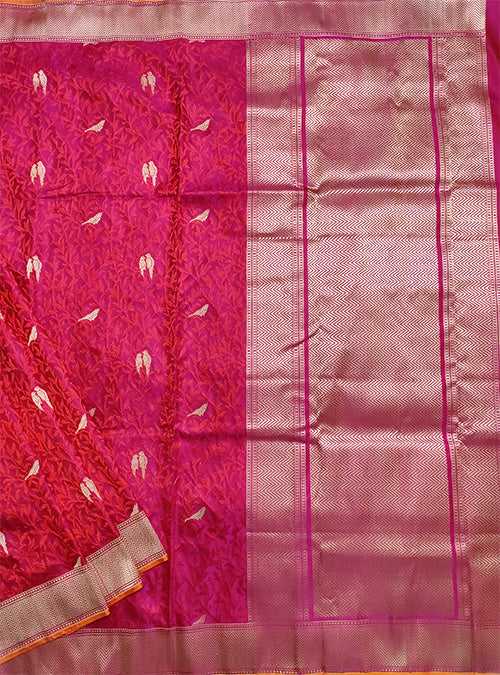 Magenta Katan silk handloom Banarasi saree with bird booti tanchoi jaal