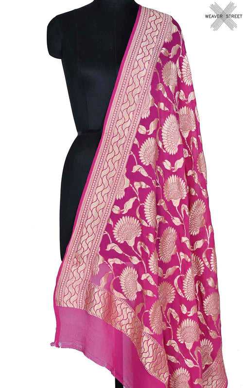 Magenta khaddi georgette Banarasi dupatta with bold floral jaal