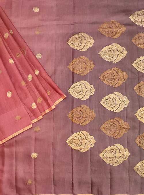 Maroon muga silk handwoven Banarasi saree with kaduwa sun booti