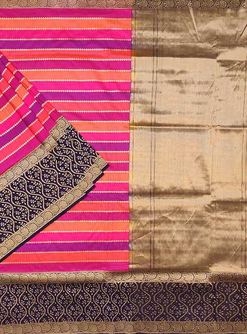 Multi color Katan silk Banarasi saree with horizontal stripes