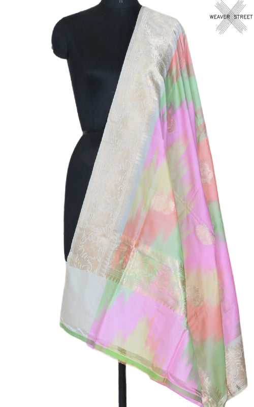 Multicolor rainbow Katan silk handwoven Banarasi dupatta with flower buta